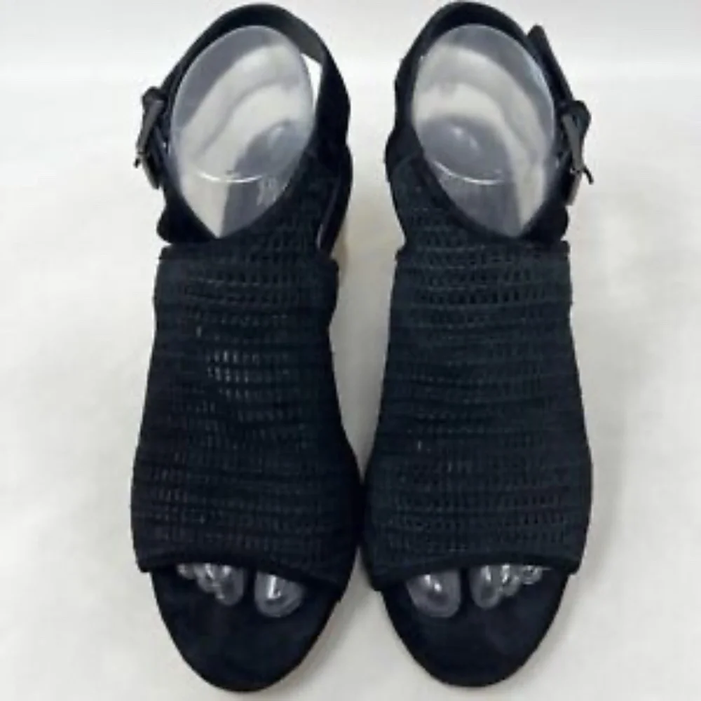 Eileen Fisher Winnie Black Leather Espadrille Wedge Sandal US 8